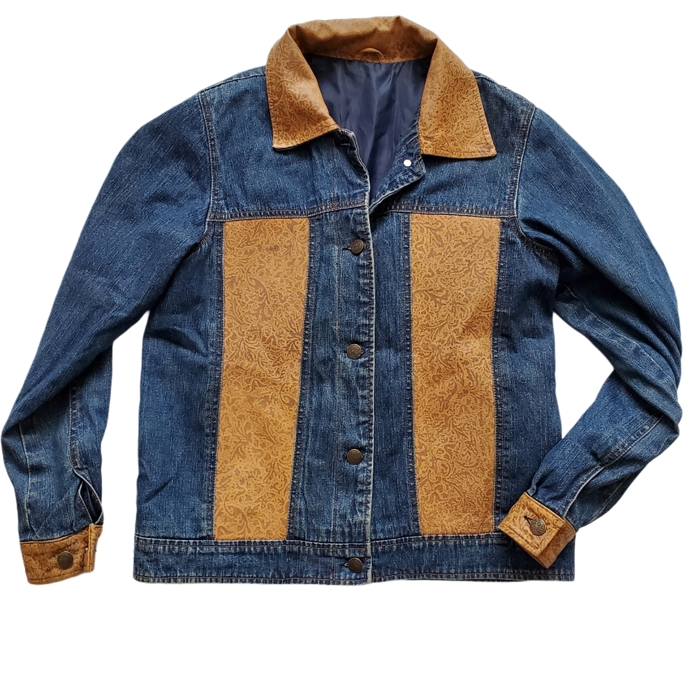 Vtg 80s 90s Denim and leather(?) Paneled Jacket
